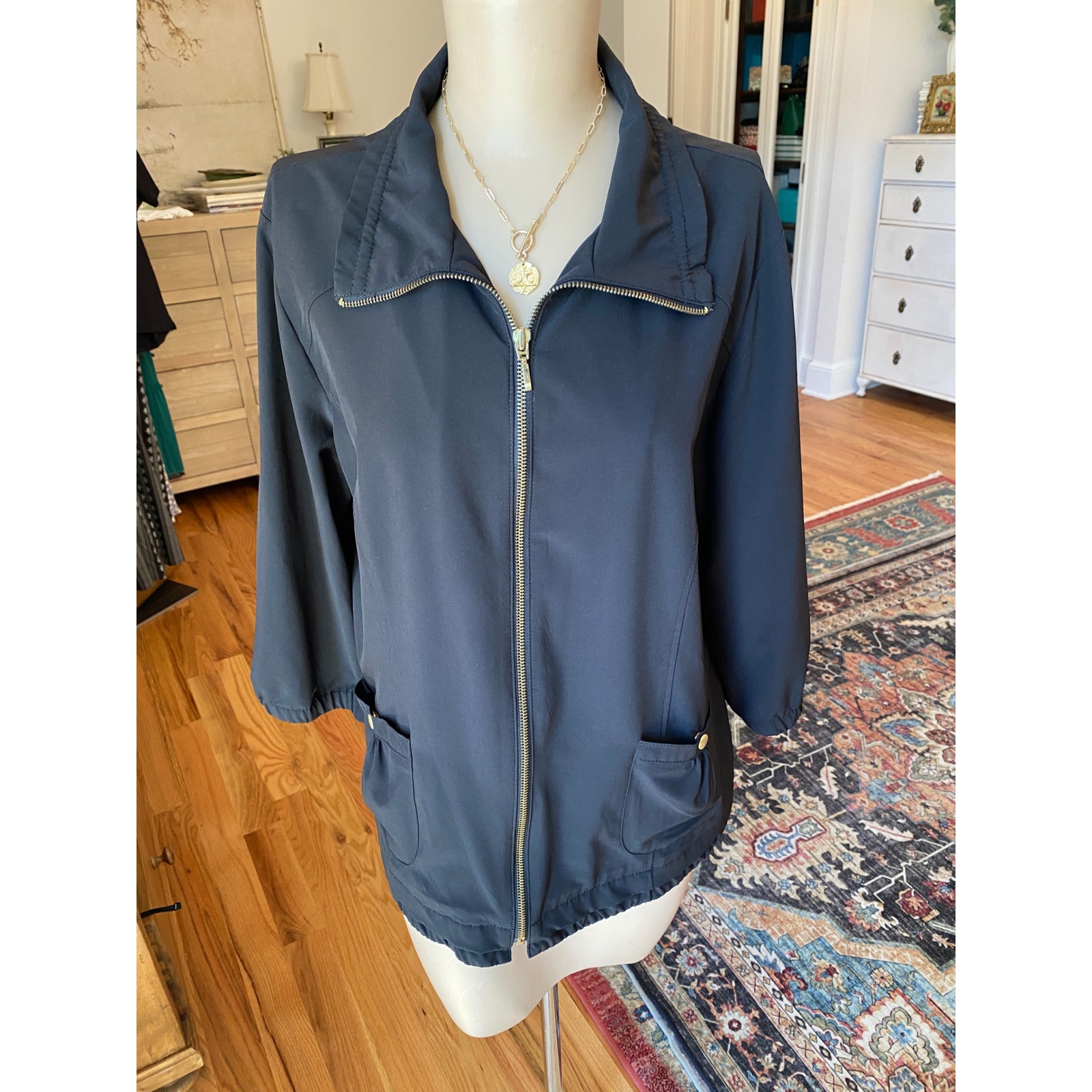 Zenergy By Chicos Black Full Zip Jacket Gold Hardware Size 2 3/4 Sleeve